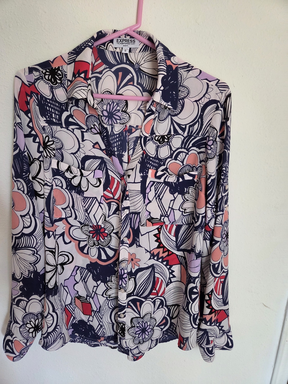 Express Floral Button-Up Blouse in Navy, Pink & Cream